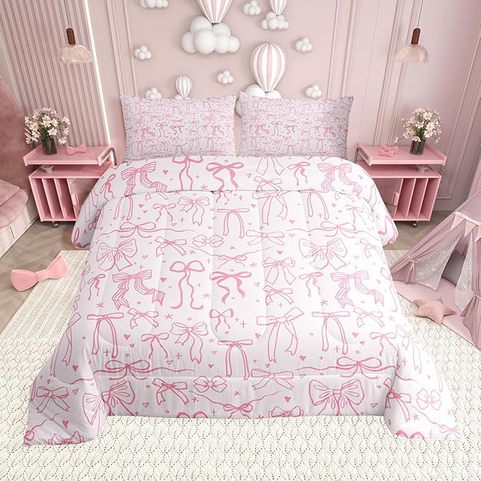 Pink Bowknot Kids Bedding Set King Size,Princess Girl Comforter Set,Cartoon Bow Tie Butterfly Knot Quilt Set Bow Stars Love Pink Sweet Girly Duvet Insert Child Teens Woman Room Decor 3Pcs