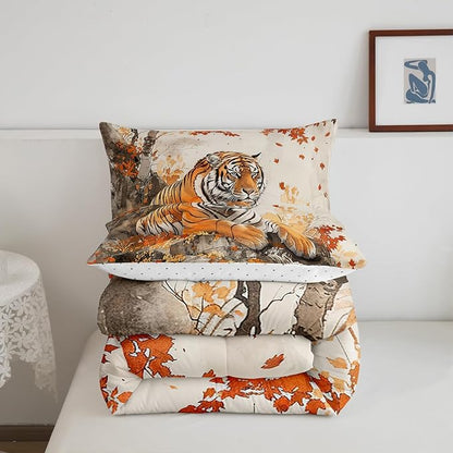Jungle Tiger Comforter Queen,Autumn Maple Tree Traditional Chinese Painting Quilt Comforter with 2 Pillowcases,Wildlife Black Orange Stripes Bedding Set Comfortable,Soft and Breathable