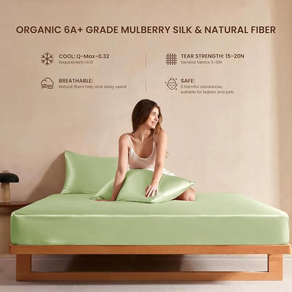 THXSILK Luxury Mulberry Silk Fitted Sheet Set 3 Pcs, Full Silk Bed Sheet Set with 16" Deep Pockets, Soft & Cooling Sheets, 1 Fitted Sheet, 2 Pillowcases with Zipper Closure - Mint Green