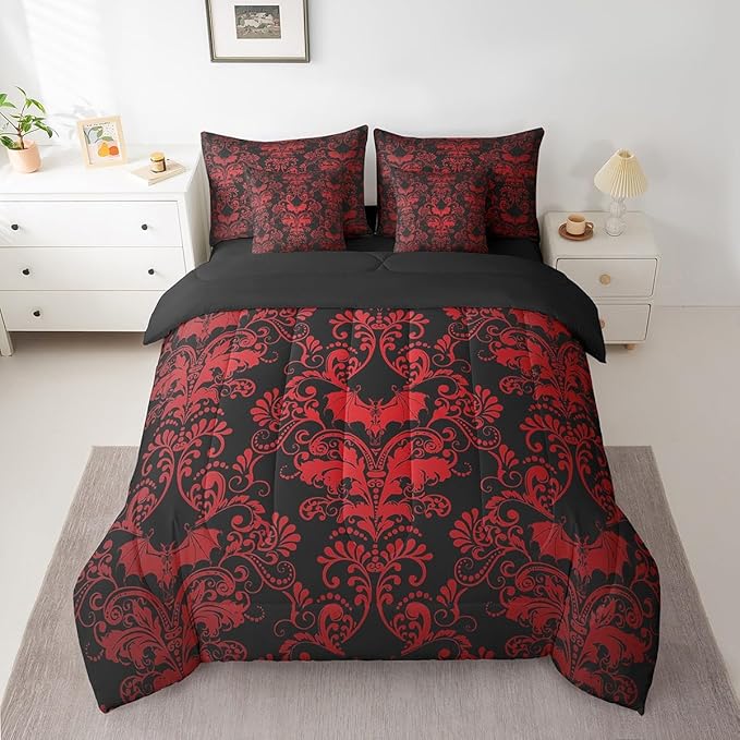 Erosebridal Gothic Damask Comforter Set 7 Piece Bed in a Bag Twin,Halloween Bat Bedding Sets Red Black Victorian Floral Goth Sheet Set with Comforter