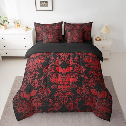 Erosebridal Gothic Damask 7 Piece Comforter Set Full Bed in a Bag,Halloween Bat Bedding Sets Red Black Victorian Floral Goth Sheet Set with Comforter