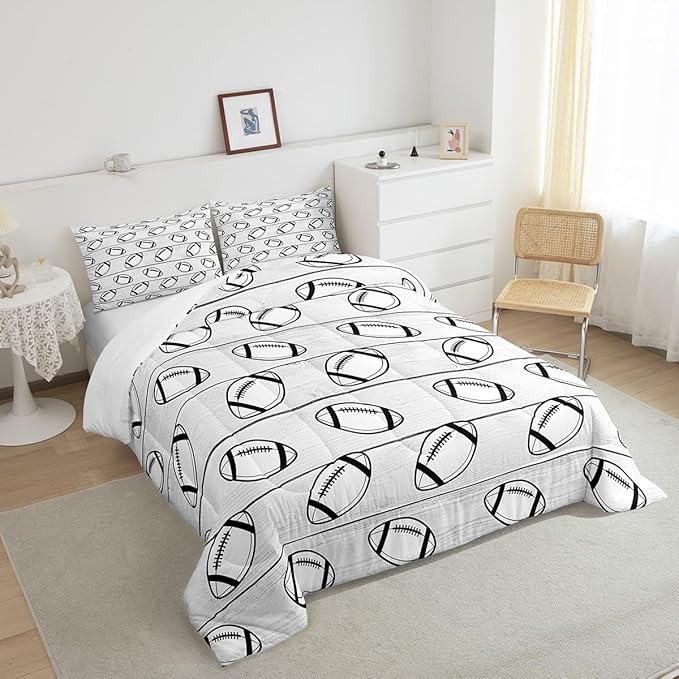 Manfei Football Comforter Set King Size, Sports Gaming Theme Bedding Set for Kids Boys Girls Room Decor, Grey Wooden Plank Down Comforter, Soft Polyester Quilt Set,2 Pillowcases