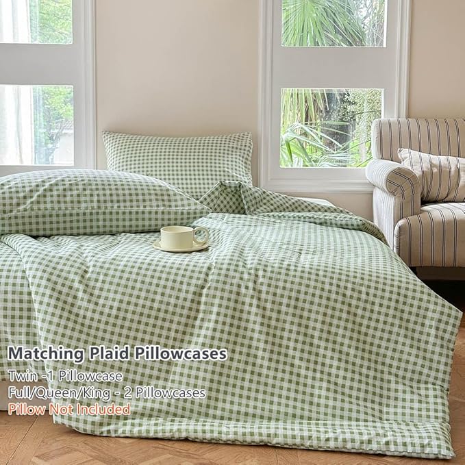 NSNLGSGC Sage Green Gingham Cotton Comforter Set King, 100% Washed Cotton Green Plaid Checked Comforter Bedding, 3 Pieces Vintage Farmhouse Grid Bedding Set(Sage Green Gingham, King)