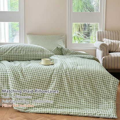 NSNLGSGC Sage Green Gingham Cotton Comforter Set Queen, 100% Washed Cotton Green Plaid Checked Comforter Bedding, 3 Pieces Vintage Farmhouse Grid Bedding Set(Sage Green Gingham, Queen)