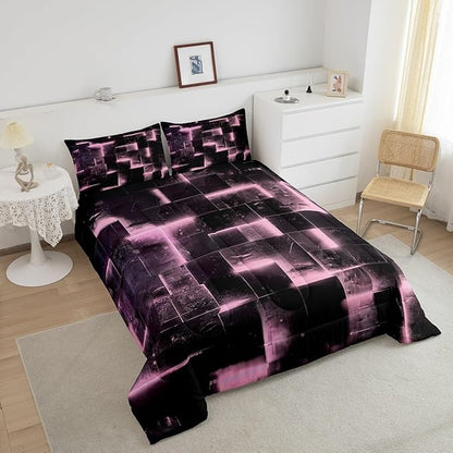 Pink and Black Bedding King 3D Glowing Buffalo King Comforter Set, Modern Abstract Art Bedding Comforter Sets Geometric Plaid Duvet Insert, Gradient Futuristic Cubes Down Comforter (Black Reversible)