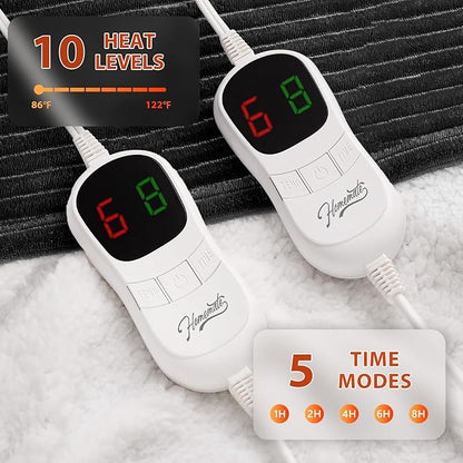 Homemate Electric Heated Blanket King Size - 100"x90" Heating Blanket King Size Dual Control 1/2/4/6/8 Hours Auto-Off 10 Heat Level Over-Heat Protection Soft Flannel Sherpa ETL Certification