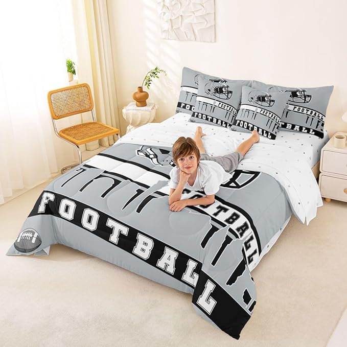 Erosebridal Football City 7 Pcs Comforter Set Twin Football Bedding Boys Girls Grey Rugby Game Sheet Set Bed in A Bag Football Fans Bedroom Decor Sports Ball Competition Bed Set