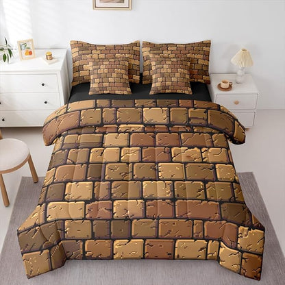 Castle Fairy Miner Square Comforter Sets - 7 Pieces Full Size,Pixelated Theme All Season Reversible Bed in a Bag Video Games Bedding Set Brown Pixel Style Flat Sheet,Fitted Sheet,Pillowcases