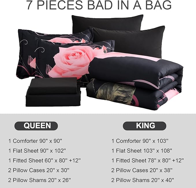 Xruibed Blush Comforter Set King 7 Piece Bed in a Bag Blush Rose Flower Comforter with Sheet Set Soft Micorfiber Bedding Set (1 Comforter,2 Pillow Shams,1 Flat Sheet,1 Fitted Sheet,2 Pillowcases)