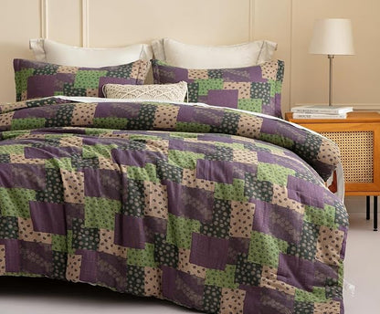 SLEEPBELLA Washed Double Layer Muslin 100% Cotton Comforter Set Queen Size, Purple Green Patchwork Fluffy Thick Checked Bedding Set, Soft Breathable (1 Comforter, 2 Pillow Shams)