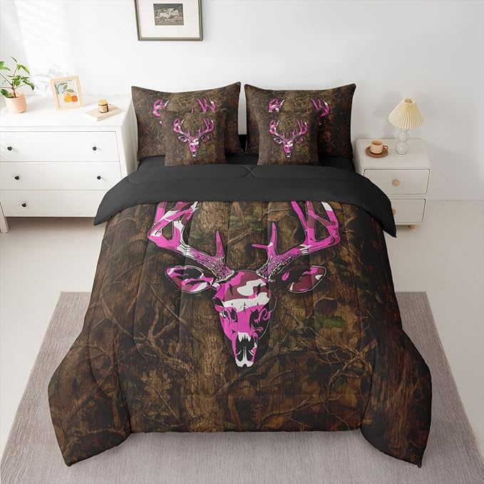 Erosebridal Deer Skull 7 Piece Bedding Set Full Boho Comforter Set with Sheets Hunting Elk Western Camouflage Leaves Bed in a Bag Branches Pattern Purple Brown for Teens Men Women