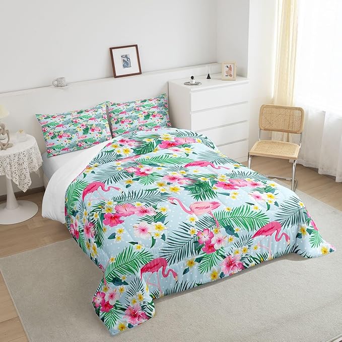Manfei Pink Flamingo Kids Comforter Set Twin Size,Palm Leaves Flowers Rustic Bedding Set,Boys Girls Adults Room Decor,Tropical Plants Animals Dots Down Comforter,Blue Dreamy Duvet Insert,1 Pillowcase