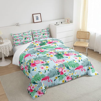 Pink Flamingo Kids Comforter Set Queen Size,Palm Leaves Flowers Rustic Bedding Set,Boys Girls Adults Room Decor,Tropical Plants Animals Dots Down Comforter,Blue Dreamy Duvet Insert,2 Pillowcases