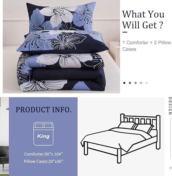 Menghomeus King Size Comforter Set Navy Blue Floral Bedding Comforter Sets - Soft Microfiber Bed Comforter Set for All Season, 3 Piece Botanical Flowers Comforter, Pillowcases