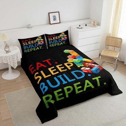 Feelyou Colorful Toy Bedding Set Teen Women Men Funny Building Blocks Decoration Comforter Set King Size Kids Boys Girls Cute Games Duvet Insert Colorful Geometric Brick Room Decor