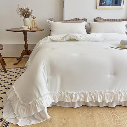 AIKASY White Comforters King Size Set, Vintage Boho Chic Farmhouse Bedding Sets Shabby Ruffle Queen Bed Comforter Bedding 3PCS（1 Comforter and 2 Pillowcases）
