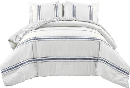 Lush Decor Farmhouse Stripe Reversible Cotton Comforter Set, 3 Piece Set, King, Navy - Cozy Farmhouse Bedding Set - Rustic Decor - Striped Comforter - Modern Farmhouse Bedroom Decor
