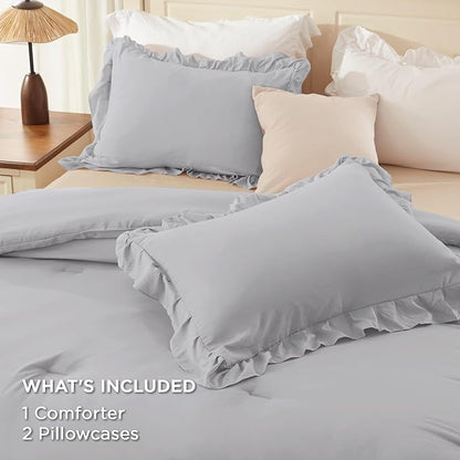 Andency Light Gray Comforter Set Queen Size, Lightweight Fluffy Farmhouse Ruffle Bedding Set, Soft Microfiber All Season Shabby Chic Bed Comforter Set 3 Pieces(1 Comforter 2 Pillowcases)