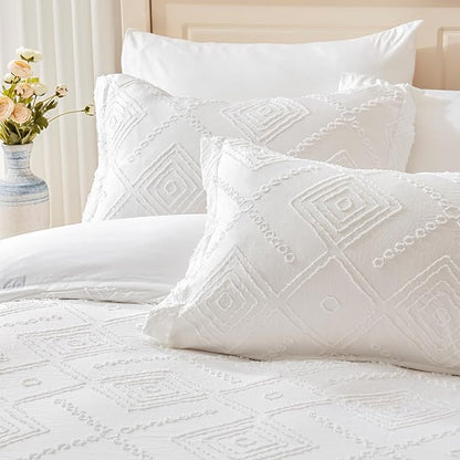 EMME King Comforter Set - 7 Pcs White Boho Comforter Set, Tufted King Size Bedding Sets with Sheets, Shabby Chic Embroidery Bed Set Fluffy Bed Bag for All Season(102"X90")