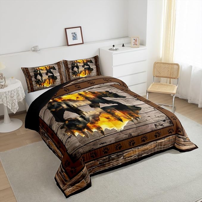 Feelyou Rustic Bear Bedding Set Wild Animal Hunt Comforter Set for Kids Boys Girls Pine Trees Retro Comforter Paw Print Quilt Set Bedroom Collection 2Pcs Toddler Size
