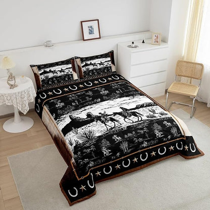 Feelyou Western Aztec Comforter Set Twin Size Horse Cowboy Bedding Set for Boys Men Kids Teens Rustic Western Decor Country Wild West Down Comforter Black and White Duvet Set with 1 Pillowcase