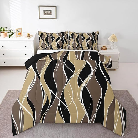Erosebridal Aesthetic Modern Comforter Set King Abstract Artwork Bedding Set, Black Geometric Bedding Comforter Sets Brown Stripe Duvet Sets, Lightweight Soft Cozy Quilted Comforter with 2 Pillow Case