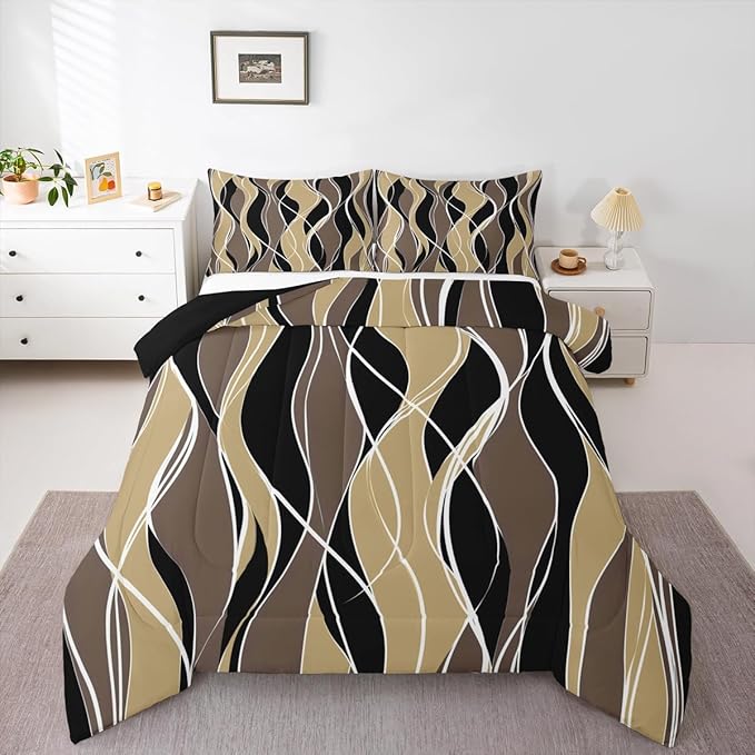Erosebridal Geometric Bedding Twin Black Brown Stripe Comforter Set, Modern Abstract Bedding Comforter Sets Duvet Set, Ultra Soft Breathable Lightweight Quilted Comforter 2-Piece Yellow White