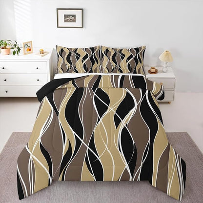 Erosebridal Geometric Bedding Twin Black Brown Stripe Comforter Set, Modern Abstract Bedding Comforter Sets Duvet Set, Ultra Soft Breathable Lightweight Quilted Comforter 2-Piece Yellow White