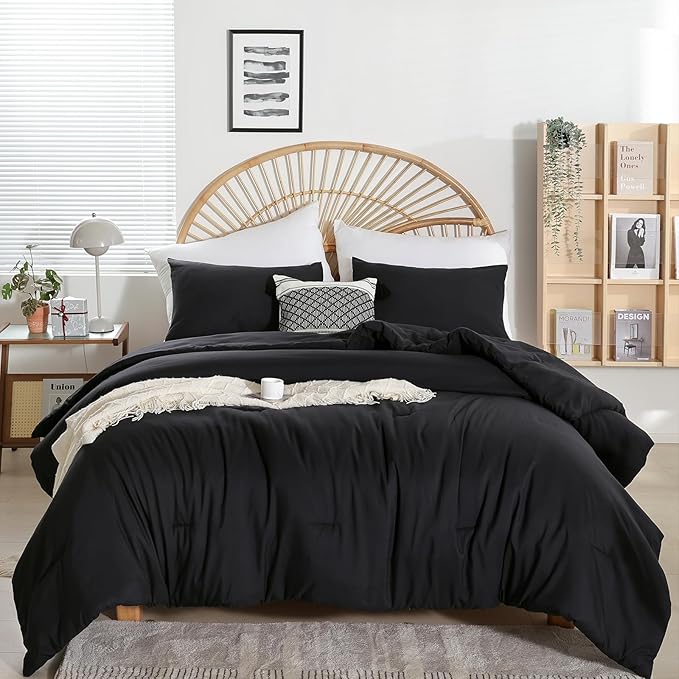 weigelia Full Size Comforter Sets Modern 3PCS Microfiber Black Comforter Full for All Season Comforter for Men, Women Boho Solid Soft Lightweight Bed Comforter Set