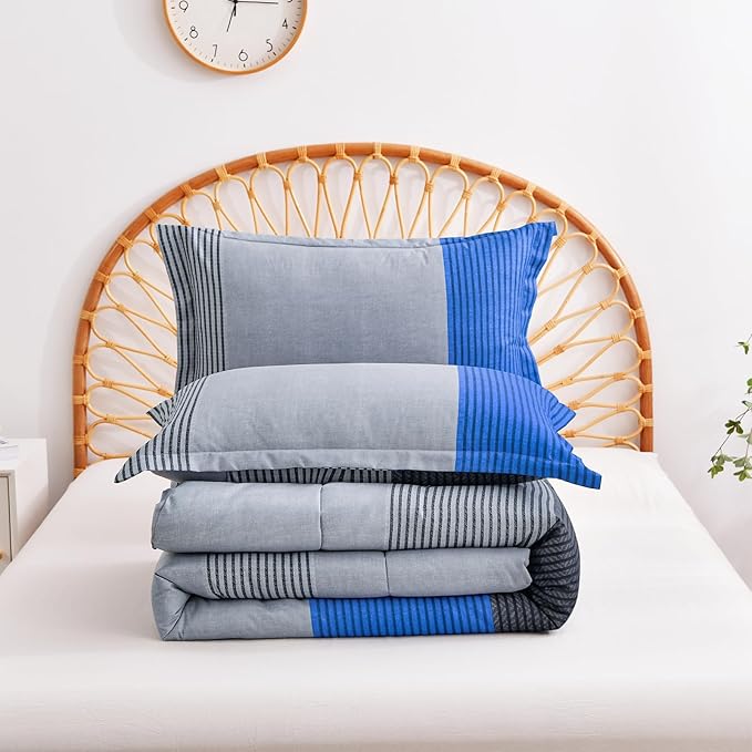WONGS BEDDING Blue Comforter Set Queen, Reversible Blue Grey Striped Patchwork Alternative Comforter for Queen Bed,3 Pieces (1 Comforter+2 Pillowcases), Soft Microfiber Bedding Duvet Set 90"×90"
