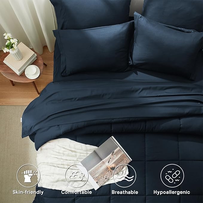 Anluoer Full Size Bed in a Bag 7 Pieces, Navy Blue Bed Comforter Set with Sheets, All Season Bedding Sets with 1 Comforter,2 Pillow Shams,2 Pillowcases, 1 Flat Sheet,1 Fitted Sheet