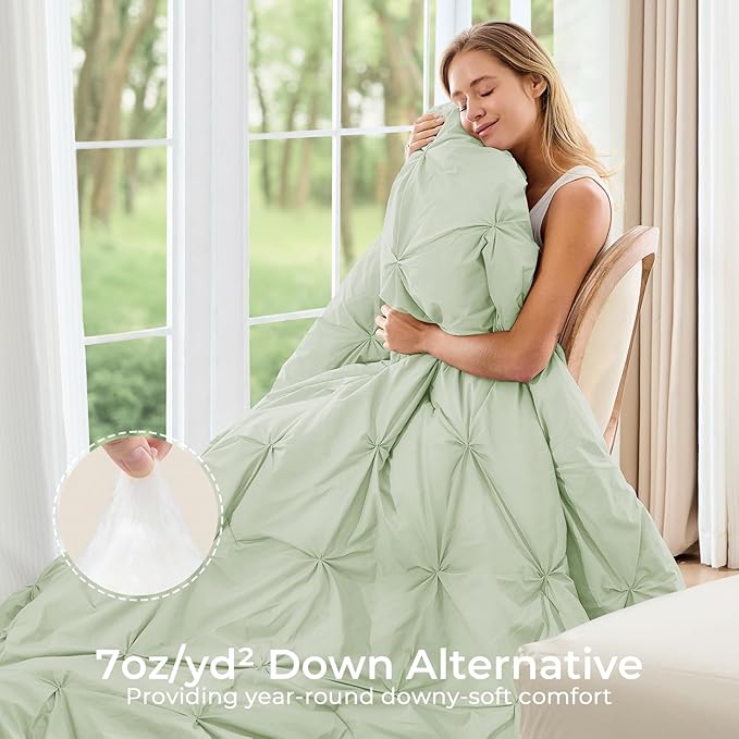 Sasttie Queen Comforter Set, 7-Piece Bed in a Bag, Pintuck Bedding Sets for All Season, Includes Comforter, Flat Sheet, Fitted Sheet, Pillowcases and Pillowshams, Mint