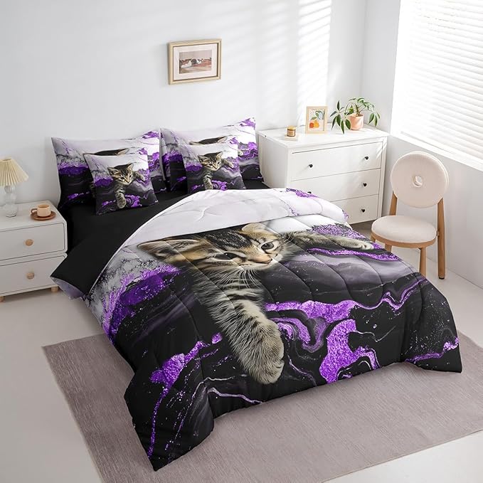 Erosebridal Purple Marbling Bedding Set Twin Watercolor Marble Ink Fluid Bed in A Bag Luxury Modern Marbling Cat Comforter Sets with Sheets Retro Artwork Style Aesthetic 7 Pieces Bed Set