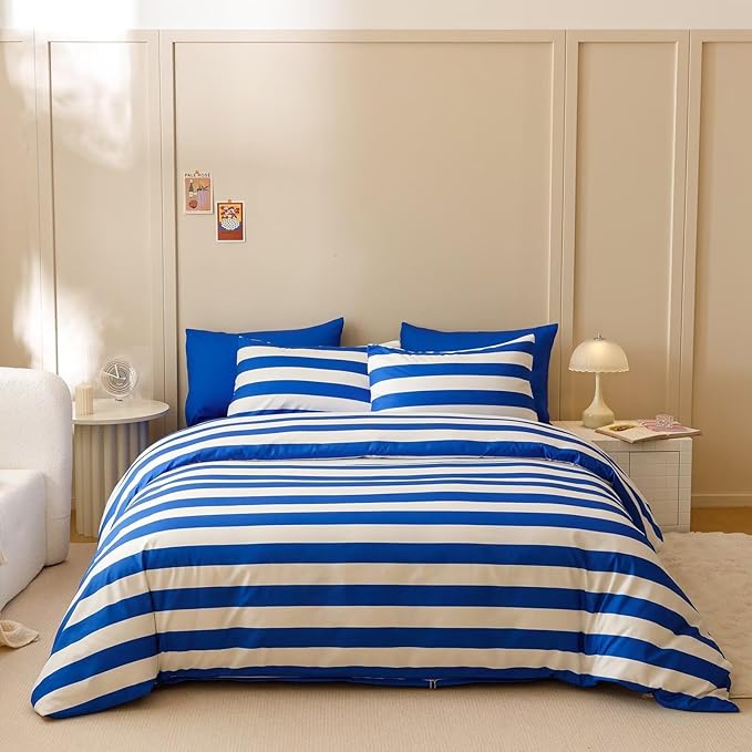 Houseri Blue Striped Comforter Set Full 3 Piece White and Blue Bedding Full Size Lightweight Modern Stripes Bed Set Soft Comfy Quilt Blanket Full