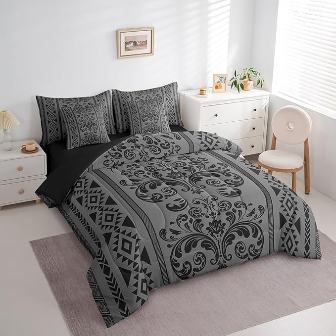 Comforter Set Full Size, Grey Black Aztec Damask 7 Pcs Bedding for Kids and Adults, Victorian Decor Western Baroque Goth Bed Sheet Sets with Fitted Sheet 2 Pillowcases & 2 Shams for Bedroom Bed Decor
