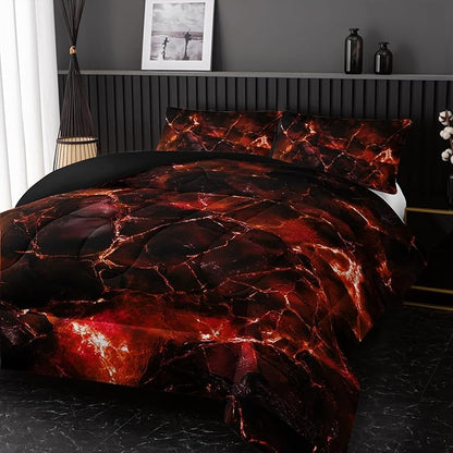 Orange Comforter Set King Size，Orange Marble Bedding Set 3 Pcs Bedding for Adults, Marble Room Decor with Comforter and 2 Pillowcases Soft and Lightweight B-Side Black