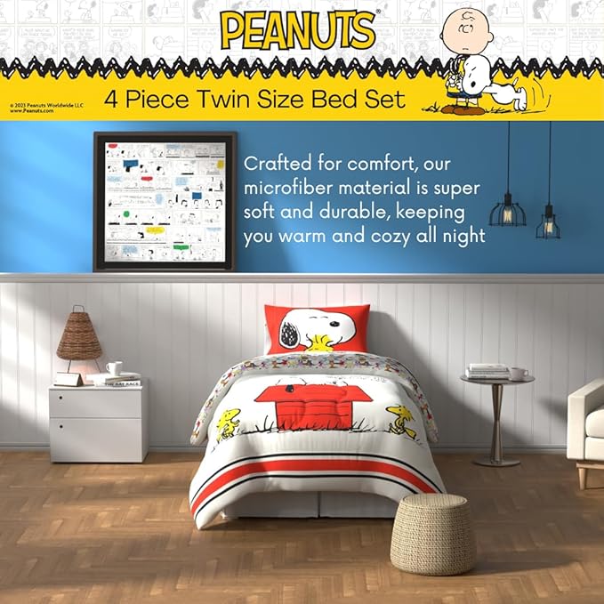 Franco Peanuts Classic Pals Super Soft Comforter and Sheet Set, 4 Piece Twin Size, (Official Licensed Product) Collectibles