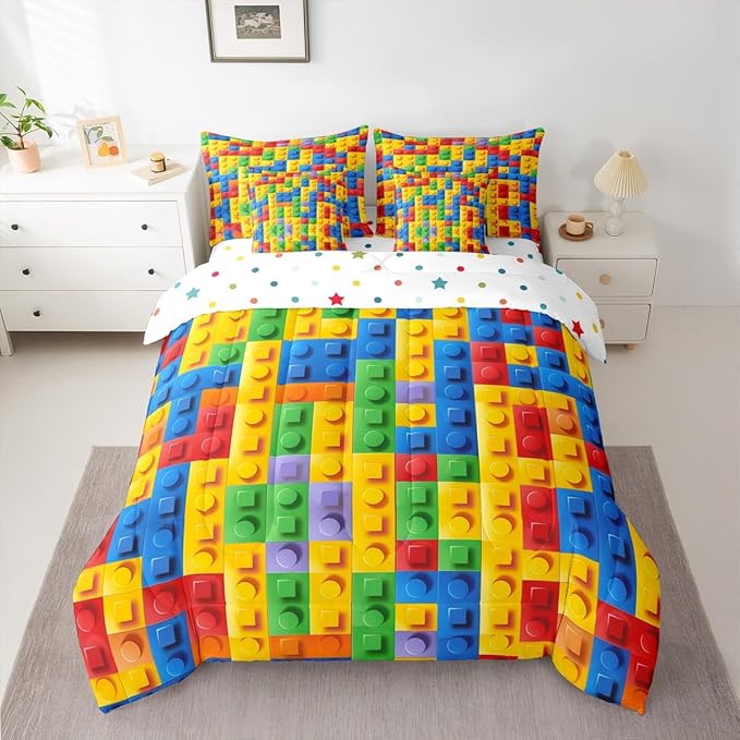 Feelyou Construction Games Comforter Set Queen Size 7 Pcs Kids Building Blocks Comforter Bed in a Bag Colorful Brick Bedding Set for Boys Girls Teens Bed Set with Sheets, Pillowcases, Pillow Covers