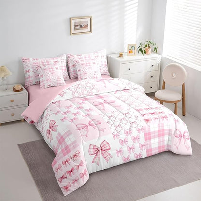 Feelyou Pink Bow Comforter Set with Sheets 7 Piece King Size Cute Bowknot Bedding Set for Kids Boys Girls Bow Plaid Grid Bed in a Bag Princess Decor Room Decor Soft Lightweight Microfiber
