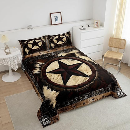 Erosebridal Highland Cow Comforter Set for Kids Boys Girls,Farmhouse Cowhide Bedding Sets King Size,Western Texas Star Duvet Insert Warm,Rustic Wooden Fur Down Comforter with 2 Pillow Shams Soft
