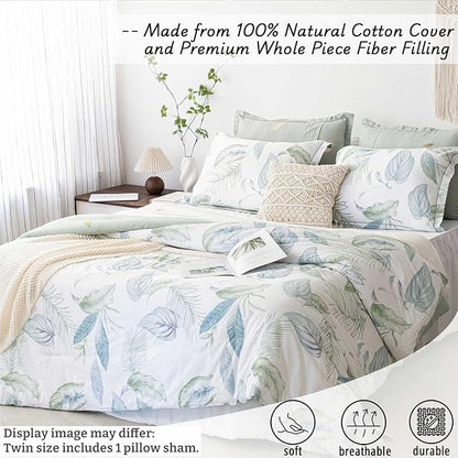 Botanical Cotton Comforter Twin Size - Sage Green Comforter Printed with Leaves & Ferns on White,Reversible Lightweight Bedding Sets 2Pcs(Leaves,68"×90")