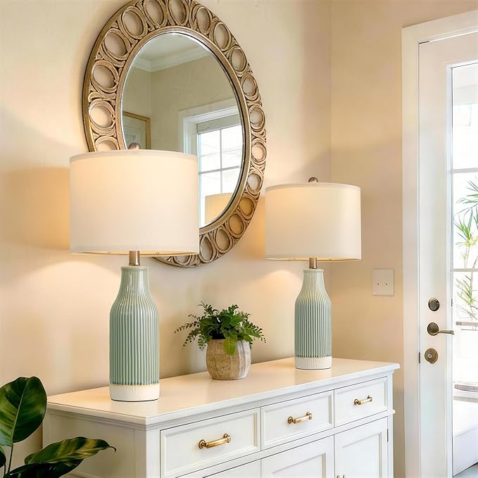 23.75" Modern Ceramic Table Lamps Set of 2, Stylish Bedside Lamps for Bedroom, Gorgeous Lamps for Nightstand, Lamps for Living Room, Farmhouse End Table Lamps, Light Green Home Decor