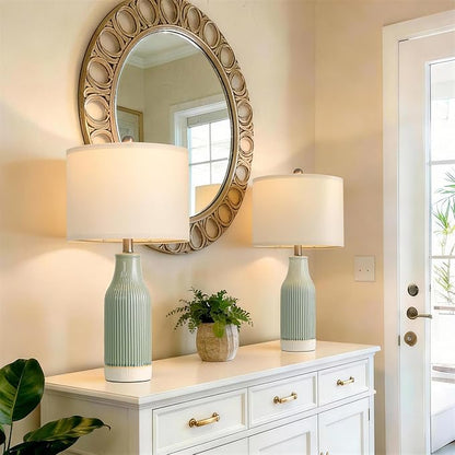 23.75" Modern Ceramic Table Lamps Set of 2, Stylish Bedside Lamps for Bedroom, Gorgeous Lamps for Nightstand, Lamps for Living Room, Farmhouse End Table Lamps, Light Green Home Decor