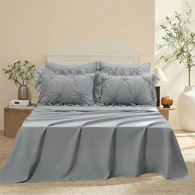 Bedbay Grey Ruffle Comforter Set Queen Size 9 Pcs,Boho Queen Comforter Set with Sheets,Pinch Pleat Bedding Set,Farmhouse Comforter Bed Set,Microfiber Exquisite Ruffle Duvet Set