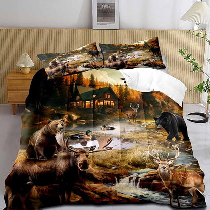 LUVIVIHOME 3PCS Black Bear Moose Elk Deer Comforter Set King Size, Rustic Cabin Bedding, Mallard Duck Forest Animal Wildlife Hunting Hunter Country Lodge Rustic Farmhouse Bedroom Decor, 2 Pillow Shams