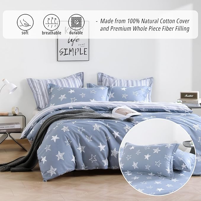 Blue Cotton Comforter King Size 3Pcs - White Doodle Style Stars on Denim Blue Front, Gray Stripes on Back, Reversible Lightweight Bedding Sets with Soft Fill(King, 104"×90")