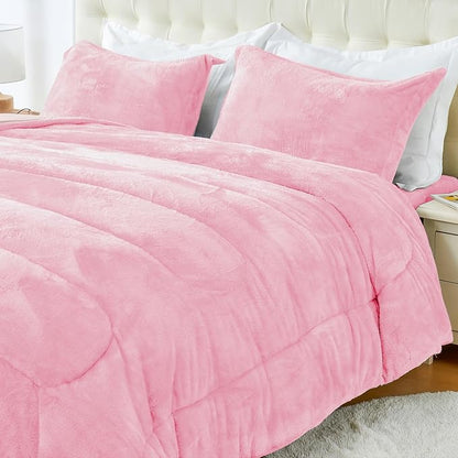 YIYEA Fluffy King Size Comforter Set, Luxury Faux Fur Comforter, Ultra Soft Plush Fuzzy Velvet Bedding Comforter Sets for Fall Winter, Cozy Warmth, No Shedding, 3PC, King, Pink