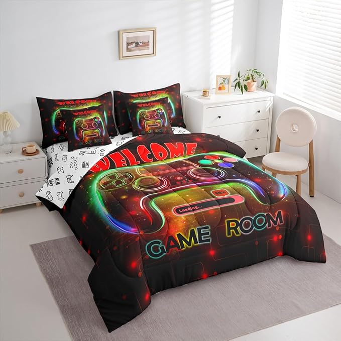 jejeloiu Cool Gamer 7 Piece Bedding Set King Size for Boys 3D Gaming Comforter Set with Sheets Kids Teens Bright Red Bed in a Bag Modern Game Console Bed Set