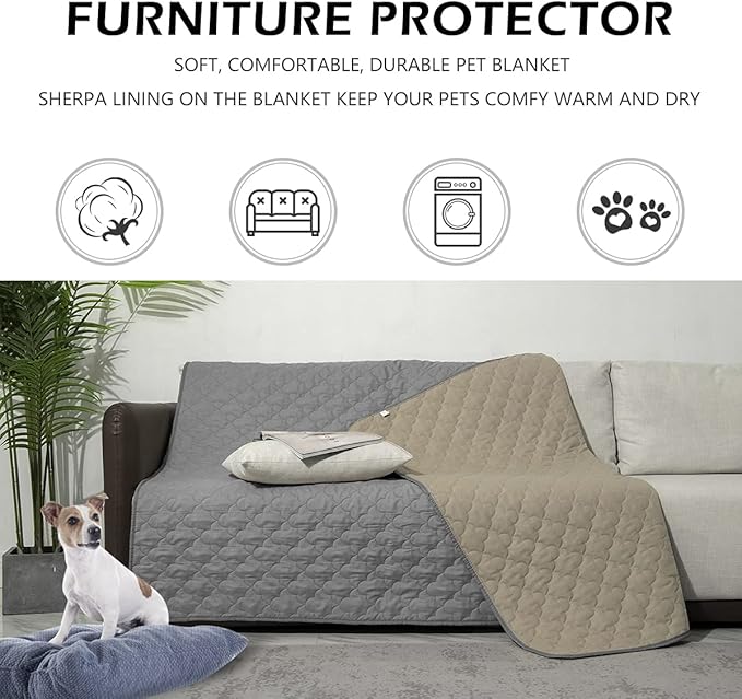CHHKON Dog Blankets for Couch Protection Waterproof Dog Bed Covers Pet Blanket Furniture Protector (Grey+Beige, 82"x120")