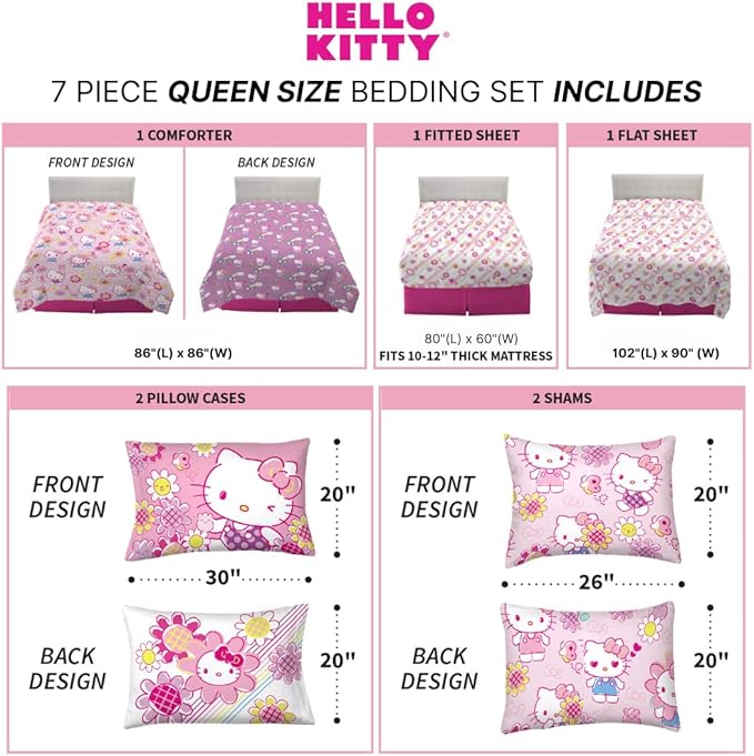 Hello Kitty Kids Bedding Super Soft Comforter and Sheet Set with Sham, 7 Piece Queen Size, (Officially Licensed Product) by Franco